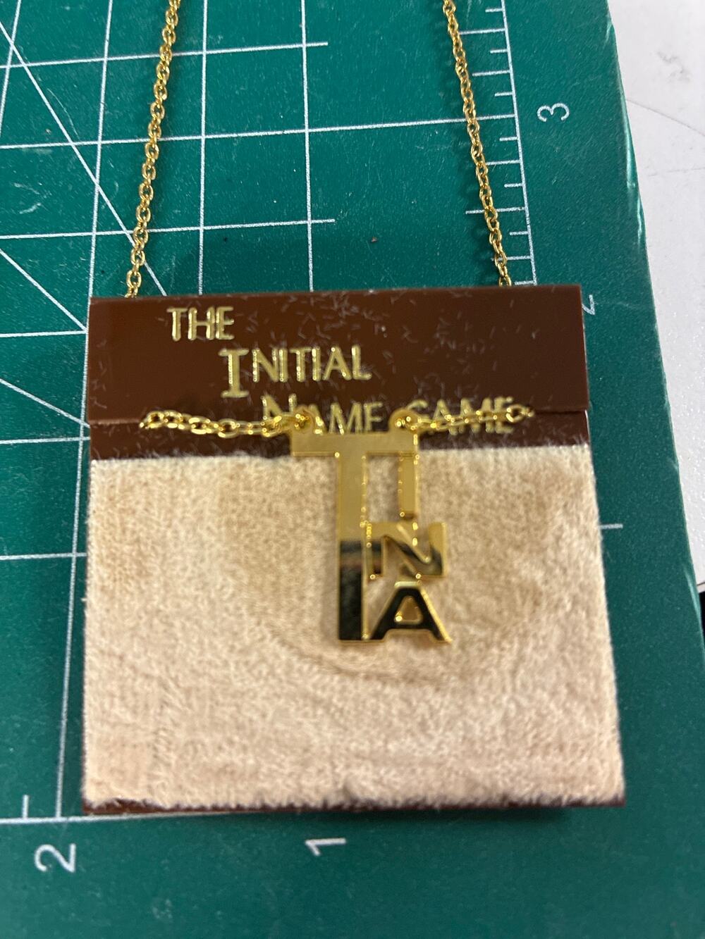 The Initial Name Game TINA Pendant Necklace Gold Tone Suspended Letter T